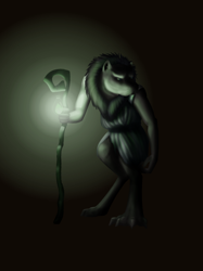 Size: 1734x2320 | Tagged: safe, artist:nevillerob, derpibooru import, diamond dog, dark, lantern, solo, walking stick