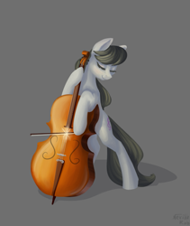 Size: 549x650 | Tagged: safe, artist:nevillerob, derpibooru import, octavia melody, earth pony, pony, bipedal, bipedal leaning, bow, cello, dexterous hooves, eyes closed, female, gray background, leaning, mare, musical instrument, simple background, smiling, solo