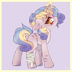 Size: 3000x3000 | Tagged: safe, artist:_spacemonkeyz_, derpibooru import, oc, oc:sugar stars, pony, unicorn, bandage, blushing, bruised, coat markings, magic, scar, sketch, solo