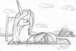 Size: 1435x971 | Tagged: safe, artist:johnerose126, derpibooru import, princess celestia, alicorn, pony, giant pony, giantlestia, macro, monochrome, sketch, solo, swimming pool, traditional art