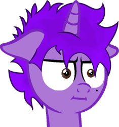 Size: 1897x2014 | Tagged: safe, artist:twilight_memes, derpibooru import, oc, oc only, oc:jão, pony, unicorn, :i, brown eyes, floppy ears, horn, i mean i see, meme, purple hair, simple background, solo, transparent background, unicorn oc