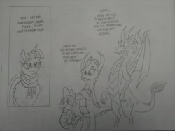 Size: 2592x1944 | Tagged: safe, artist:princebluemoon3, derpibooru import, princess ember, smolder, spike, twilight sparkle, alicorn, dragon, pony, grayscale, monochrome, right to left, sequence, sketch, this will end in inflation, traditional art