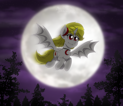 Size: 2500x2150 | Tagged: safe, artist:aarondrawsarts, derpibooru import, oc, oc:lucia nightblood, bat pony, pony, bat pony oc, bat wings, commission, fangs, flying, horn, jewelry, moon, necklace, night, solo, wings