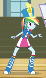 Size: 498x849 | Tagged: safe, derpibooru import, screencap, rainbow dash, equestria girls, friendship games, boots, bracelet, chs rally song, clothes, compression shorts, female, feminism, hat, jewelry, rainbow dash always dresses in style, shako, shirt, shoes, skirt, smiling, socks, solo, sweatshirt, t-shirt, wristband