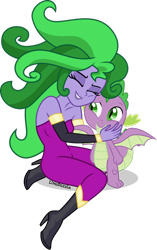 Size: 1920x3065 | Tagged: safe, artist:limedazzle, derpibooru import, mane-iac, spike, dragon, equestria girls, power ponies (episode), bare shoulders, equestria girls-ified, hug, simple background, sleeveless, strapless, transparent background, vector, winged spike