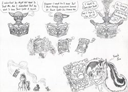 Size: 1024x739 | Tagged: safe, artist:grimmyweirdy, derpibooru import, oc, oc:glyph, oc:grim w. stripes, oc:mivera, oc:necromomicon, pony, comic:grims weird adventures, black and white cartoon, book, crying, exclamation point, flying, glowing eyes, magic, magic book, monochrome, question mark, relief, suprised look, tears of joy, tome, traditional art, worry