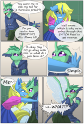 Size: 4450x6600 | Tagged: safe, artist:lilac blaze, derpibooru import, oc, oc:elytron, oc:sassy spirits, anthro, changeling, unguligrade anthro, unicorn, comic:livestream, blushing, changeling oc, clothes, colored, comic, ear fluff, elbow fluff, hoodie, jewelry, lockers, mohawk, necklace, pearl necklace, pleated skirt, skirt, sparkles, spread wings, wingboner, wings