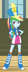 Size: 346x873 | Tagged: safe, derpibooru import, screencap, rainbow dash, equestria girls, friendship games, boots, bracelet, chs rally song, clothes, compression shorts, cute, dashabetes, female, feminism, hand on hip, hat, jewelry, rainbow dash always dresses in style, shako, shirt, shoes, shorts, skirt, socks, solo, sweatshirt, t-shirt, wristband