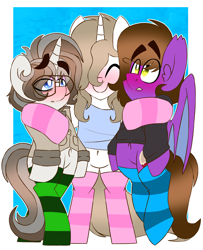 Size: 5276x6500 | Tagged: safe, artist:pokemonfan111, derpibooru import, oc, bat pony, pony, unicorn, clothes, cute, friendship, group hug, hug, socks, striped socks