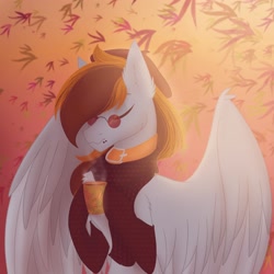 Size: 2048x2048 | Tagged: safe, artist:lunathemoongod, derpibooru import, oc, oc only, oc:fweemy, pegasus, pony, autumn, beautiful, bust, clothes, coffee, collar, cup, ear fluff, eyes closed, female, glasses, large wings, leaves, long mane, mare, pegasus oc, piercing, portrait, scarf, socks, solo, solo female, wings