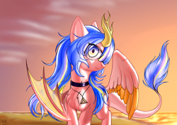 Size: 1839x1299 | Tagged: safe, artist:ktk's sky, derpibooru import, oc, oc only, oc:sunlight wins, dragon, bat wings, beach, draconequus hybrid, female, horns, jewelry, mare, necklace, ocean, sky, solo, two toned wings, wind, wings