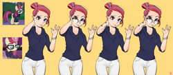 Size: 2982x1300 | Tagged: safe, artist:sugarelement, derpibooru import, moondancer, human, pony, unicorn, alternate hairstyle, clothes, colored, cute, dancerbetes, female, glasses, glowing horn, hair bun, horn, humanized, jeans, jewelry, magic, mare, necklace, pants, screencap reference, simple background, solo, sweater, tattoo, watch, wristwatch, yellow background