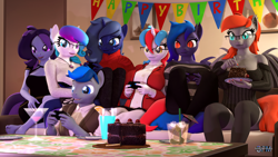 Size: 1920x1080 | Tagged: safe, artist:anthroponiessfm, derpibooru import, oc, oc only, oc:audina puzzle, oc:aurora starling, oc:azure thunder, oc:grem, oc:midnight music, oc:raven storm, oc:wavelength, anthro, bat pony, unicorn, 3d, anthro oc, barefoot, bat pony oc, bat wings, birthday, breasts, cake, clothes, controller, cute, dress, eating, feet, female, food, glasses, happy, heterochromia, male, nail polish, pants, playing, sfm pony, skirt, socks, source filmmaker, sweater, toenail polish, wings