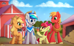 Size: 3616x2252 | Tagged: safe, artist:av-4, artist:avastin4, derpibooru import, apple bloom, applejack, big macintosh, oc, oc:hawker hurricane, earth pony, pony, flower pot, self insert, tree