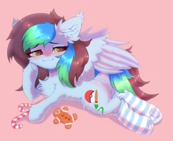 Size: 1962x1596 | Tagged: safe, artist:astralblues19, derpibooru import, oc, oc only, oc:kiru, pegasus, pony, candy, chest fluff, clothes, cookie, cute, ear fluff, female, fluffy, food, hoof fluff, leg fluff, lying down, mare, shy, socks, solo, striped socks, wings