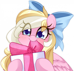 Size: 960x927 | Tagged: safe, artist:loyaldis, derpibooru import, oc, oc:bay breeze, pegasus, pony, blushing, bow, cute, female, hair bow, looking at you, mare, mouth hold, ocbetes, present, simple background, solo, transparent background