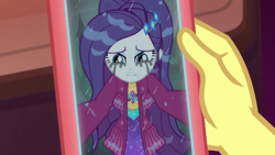 Size: 1920x1080 | Tagged: safe, derpibooru import, screencap, rarity, vignette valencia, better together, equestria girls, inclement leather, inclement leather: vignette valencia, makeup, marshmelodrama, phone, rarity being rarity, running makeup, solo