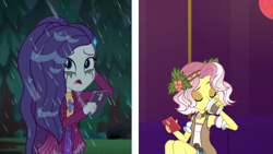 Size: 1920x1080 | Tagged: safe, derpibooru import, screencap, rarity, vignette valencia, better together, equestria girls, inclement leather, inclement leather: vignette valencia, cellphone, duo, duo female, female, food, phone, smartphone, split screen, tea