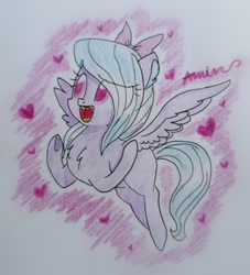 Size: 2863x3154 | Tagged: safe, artist:c.a.m.e.l.l.i.a, derpibooru import, flitter, pegasus, pony, female, flying, mare, smiling, solo, traditional art