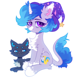 Size: 1200x1200 | Tagged: safe, artist:astralblues19, derpibooru import, oc, oc only, oc:astral blues, cat, pony, unicorn, 2021 community collab, chest fluff, curved horn, derpibooru community collaboration, ear fluff, female, fluffy, hat, hoof fluff, horn, leg fluff, leonine tail, looking at you, mare, pet, purple eyes, simple background, sitting, solo, transparent background