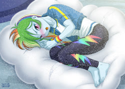 Size: 1200x848 | Tagged: safe, alternate version, artist:uotapo, rainbow dash, equestria girls, barefoot, beanbag, blushing, clothes, cloud, drool, eyes closed, feet, female, missing shoes, sleeping, solo