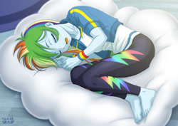 Size: 1200x848 | Tagged: safe, artist:uotapo, rainbow dash, equestria girls, barefoot, clothes, cloud, drool, eyes closed, feet, female, missing shoes, sleeping, solo