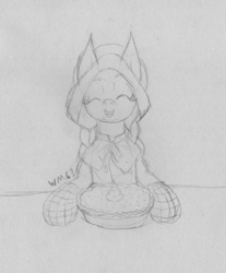 Size: 1920x2320 | Tagged: safe, artist:wapamario63, fluttershy, pegasus, pony, clothes, cute, female, food, mare, monochrome, pie, pilgrim outfit, pumpkin pie, shyabetes, sketch, solo, thanksgiving, traditional art