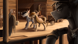 Size: 4000x2250 | Tagged: safe, artist:klarapl, oc, oc only, bat pony, pony, bat pony oc, bat wings, commission, cowboy hat, hat, haystick, mouth hold, poster, sand, stetson, town, western, wild west, wings