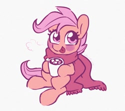 Size: 1632x1452 | Tagged: safe, artist:dawnfire, scootaloo, pegasus, pony, :p, blushing, chocolate, clothes, female, filly, food, hot chocolate, marshmallow, mug, scarf, simple background, sitting, solo, tongue out, white background