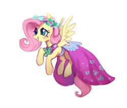 Size: 2229x1896 | Tagged: safe, artist:lunnitavaldez, derpibooru import, fluttershy, pegasus, pony, a canterlot wedding, alternate hairstyle, bridesmaid dress, clothes, cute, dress, female, mare, shyabetes, simple background, smiling, solo, white background