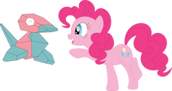 Size: 1225x652 | Tagged: safe, artist:porygon2z, derpibooru import, pinkie pie, earth pony, pony, duo, open mouth, pokémon, porygon, simple background, transparent background, vector