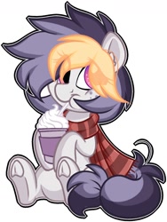 Size: 1088x1448 | Tagged: safe, artist:missbramblemele, derpibooru import, oc, oc only, earth pony, pony, clothes, commission, cup, drink, drinking, drinking straw, eye clipping through hair, female, freckles, looking at you, mare, scarf, simple background, smiling, solo, underhoof, white background, ych result