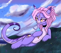 Size: 2048x1750 | Tagged: safe, artist:hydrargyrum, derpibooru import, oc, oc:amethyst watcher, original species, commission, food, ice cream, looking at you, lying down, on side, scenery