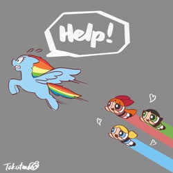 Size: 1486x1487 | Tagged: safe, artist:gamorangetana, derpibooru import, rainbow dash, pegasus, pony, blossom (powerpuff girls), bubbles (powerpuff girls), buttercup (powerpuff girls), cartoon network, chase, crossover, double rainboom, floating heart, flying, heart, open mouth, powerpuffified, running, the powerpuff girls