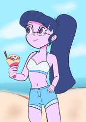 Size: 1024x1462 | Tagged: safe, artist:pettypop, derpibooru import, sci-twi, twilight sparkle, equestria girls, beach, belly button, bikini, bikini top, clothes, female, food, glasses, ice cream, midriff, shorts, sleeveless, solo, solo female, strawberry, swimsuit