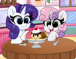 Size: 4096x3218 | Tagged: safe, artist:kittyrosie, derpibooru import, rarity, sweetie belle, pony, unicorn, banana, banana split, belle sisters, blushing, cherry, eyes on the prize, female, filly, food, ice cream, looking at something, mare, open mouth, siblings, sisters, spoon, store, two toned mane, two toned tail, whipped cream