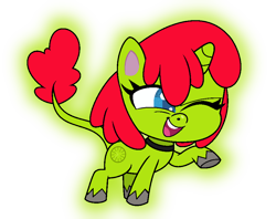 Size: 924x730 | Tagged: safe, artist:aurorasentry12, artist:aurorasparklesentry, derpibooru import, oc, oc only, oc:radiante radium, element pony, object pony, original species, pony, unicorn, my little pony: pony life, base used, choker, female, glow, glowing body, leonine tail, mare, one eye closed, ponified, radioactive, radioactive pony, raised hoof, simple background, solo, transparent background, wink