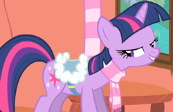 Size: 2222x1443 | Tagged: safe, derpibooru import, screencap, twilight sparkle, unicorn twilight, unicorn, winter wrap up, clothes, cropped, female, golden oaks library, lidded eyes, mare, saddle, scarf, solo, tack