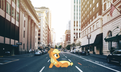 Size: 4224x2523 | Tagged: safe, artist:crazypinkamena, derpibooru import, applejack, earth pony, pony, irl, photo, photoshop, ponies in real life, sitting, solo, street