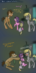 Size: 750x1500 | Tagged: safe, artist:jitterbugjive, derpibooru import, amethyst star, derpy hooves, dinky hooves, doctor whooves, sparkler, pony, 2 panel comic, ask discorded whooves, comic, doctor who, female, lovestruck derpy, male, mare, stallion, tardis, the doctor