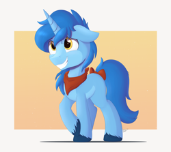 Size: 3978x3550 | Tagged: safe, artist:arcane-thunder, derpibooru import, oc, oc only, pony, unicorn, bandana, bow, floppy ears, male, raised hoof, smiling, solo, stallion, tail bow