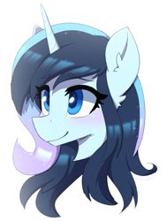 Size: 849x1122 | Tagged: safe, artist:puetsua, derpibooru import, oc, oc only, oc:stardust stellar, pony, unicorn, bust, eye clipping through hair, female, horn, mare, portrait, simple background, smiling, solo, white background