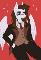 Size: 2747x4000 | Tagged: safe, artist:taleriko, derpibooru import, oc, oc:lane dark, anthro, pegasus, clothes, female, glasses, necktie, solo, suit, three piece suit