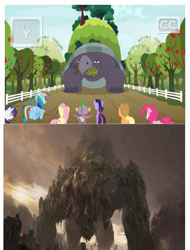 Size: 777x1024 | Tagged: safe, derpibooru import, edit, screencap, applejack, fluttershy, pinkie pie, rainbow dash, rarity, spike, twilight sparkle, twilight sparkle (alicorn), alicorn, dragon, earth pony, pegasus, pony, unicorn, between dark and dawn, apple, apple tree, fence, godzilla (series), godzilla: king of the monsters 2019, methuselah, monsterverse, mr. tortoisnap, tree, winged spike