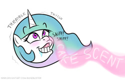 Size: 577x371 | Tagged: safe, artist:banebuster, derpibooru import, princess celestia, alicorn, pony, series:tiny tia, blushing, cake, cakelestia, drool, flehmen response, food, horses doing horse things, simple background, sniffing, text, white background