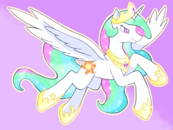 Size: 1024x768 | Tagged: safe, artist:makaroni923, derpibooru import, princess celestia, alicorn, pony, crown, female, flying, hoof shoes, jewelry, mare, pixiv, purple background, regalia, simple background, solo, spread wings, wings