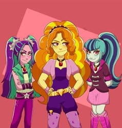 Size: 1950x2048 | Tagged: safe, artist:kaela_owo, derpibooru import, adagio dazzle, aria blaze, sonata dusk, equestria girls, rainbow rocks, abstract background, crossed arms, female, gem, hand on hip, siren gem, smiling, smirk, the dazzlings