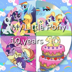 Size: 1080x1080 | Tagged: safe, artist:grandescartoons, derpibooru import, edit, edited screencap, screencap, applejack, fluttershy, pinkie pie, rainbow dash, rarity, twilight sparkle, twilight sparkle (alicorn), unicorn twilight, alicorn, earth pony, pegasus, pony, unicorn, all bottled up, cute-pocalypse meow, my little pony: pony life, spoiler:pony life s01e03, anniversary, best friends until the end of time, cake, food, group hug, hug, my little pony, sunglasses