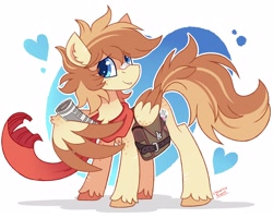 Size: 2500x2000 | Tagged: safe, artist:liquorice_sweet, derpibooru import, oc, oc only, pegasus, pony, abstract background, bag, clothes, eye clipping through hair, newspaper, saddle bag, scarf, smiling, solo, wing hold