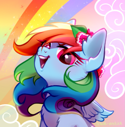 Size: 771x780 | Tagged: safe, artist:rrd-artist, derpibooru import, part of a set, rainbow dash, pegasus, pony, abstract background, bust, chest fluff, female, flower, flower in hair, lidded eyes, looking at you, mare, open mouth, portrait, rainbow, small wings, smiling, solo, wings
